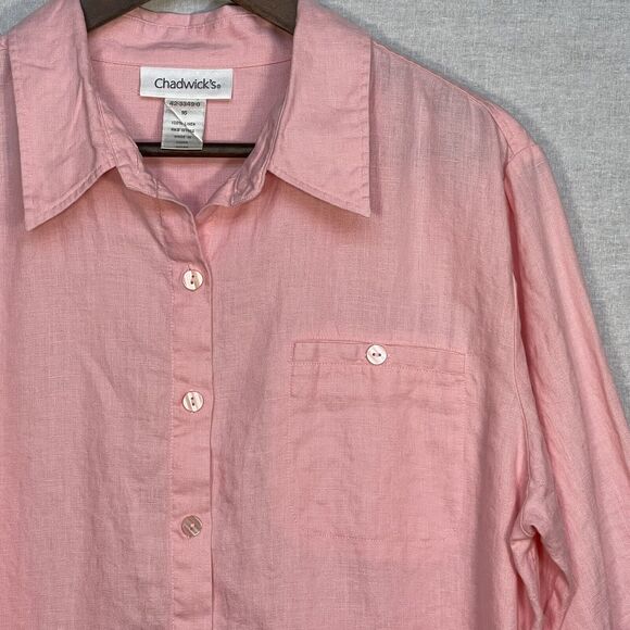 Chadwick's Button-Up Top Women Size 16 Pink 100% Linen Long Sleeve Pocket - Picture 4 of 12